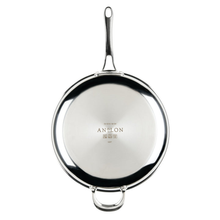 A 12.5-Inch EverLast Tri-Ply Clad Stainless Steel Frying Pan with lid, long handle, and helper handle is shown from above; the ideal cookware for home chefs with the brand name engraved on the bottom.