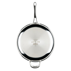 A 12.5-Inch EverLast Tri-Ply Clad Stainless Steel Frying Pan with lid, long handle, and helper handle is shown from above; the ideal cookware for home chefs with the brand name engraved on the bottom.