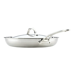 The EverLast Tri-Ply Clad Stainless Steel 12.5-Inch Frying Pan with Lid and Helper Handle, shown in a side view on a white background, is the perfect cookware choice for any passionate home chef.