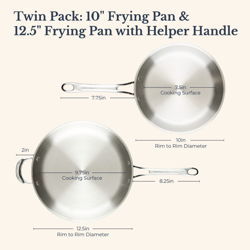 Top-down diagram of the EverLast Tri-Ply Clad Stainless Steel Frying Pan Set: a 10-inch pan with long handle and 7.5-inch cooking surface, plus a 12.5-inch pan with helper handle and 9.75-inch cooking surface.