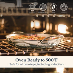 An EverLast Tri-Ply Clad Stainless Steel Frying Pan Set with food bakes in an oven. Icons show it's safe for induction, glass-ceramic, gas, and electric cooktops. Text: “Oven Ready to 500°F. Safe for all cooktops, including induction.”.