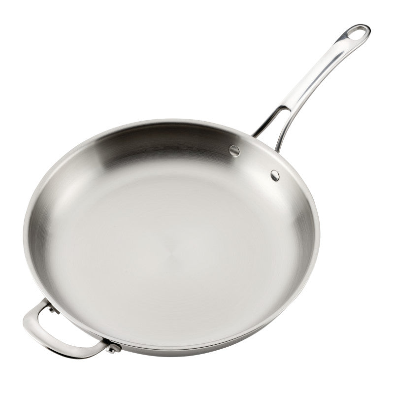 The EverLast Tri-Ply Clad Stainless Steel Frying Pan Set features riveted long and helper handles, a smooth shiny interior, and a flat base for even heating and versatile cooking.