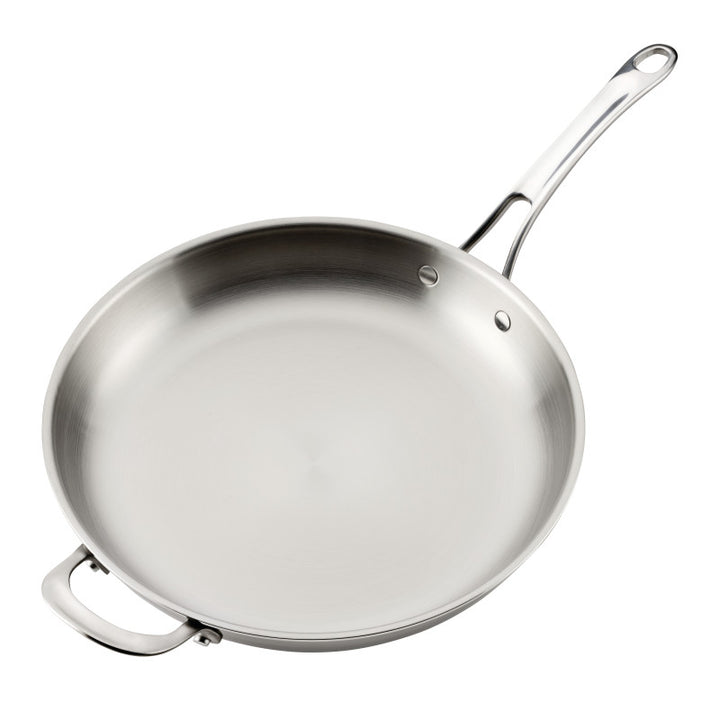 The EverLast Tri-Ply Clad Stainless Steel Frying Pan Set features riveted long and helper handles, a smooth shiny interior, and a flat base for even heating and versatile cooking.