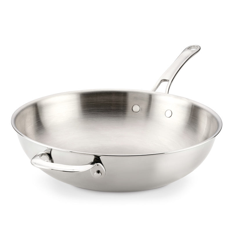 The EverLast Tri-Ply Clad Stainless Steel 12.25-Inch Stir Fry with Helper Handle features a smooth, shiny interior and two handles—one long, one short—resting empty on a white background, ideal for any home chef.