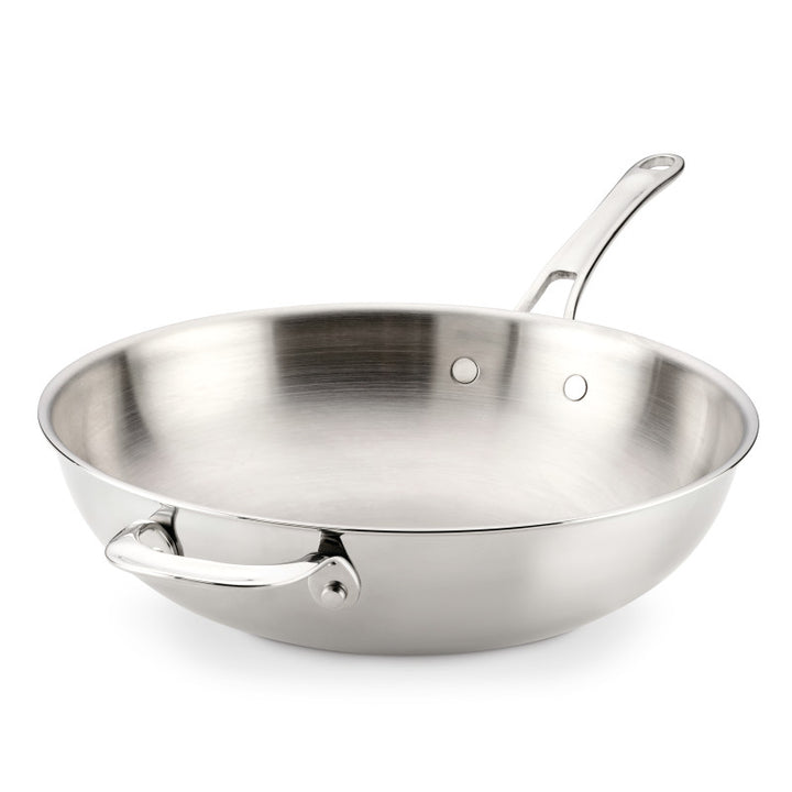 The EverLast Tri-Ply Clad Stainless Steel 12.25-Inch Stir Fry with Helper Handle features a smooth, shiny interior and two handles—one long, one short—resting empty on a white background, ideal for any home chef.