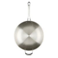 The EverLast Tri-Ply Clad Stainless Steel 12.25-Inch Stir Fry pan, featuring a long handle and a helper handle, is shown from above on a white background—essential cookware for every home chef.