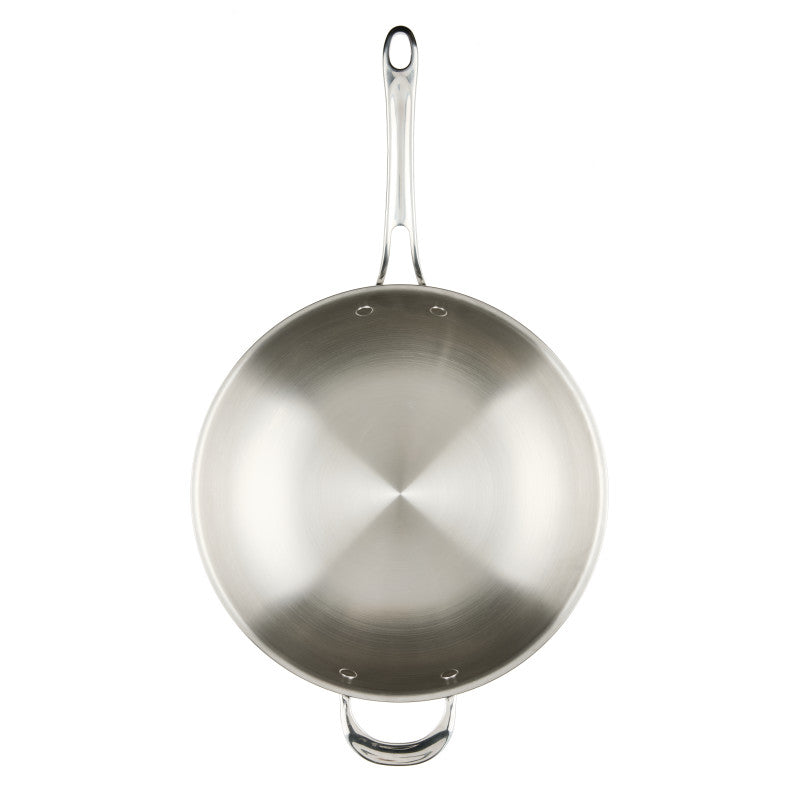 The EverLast Tri-Ply Clad Stainless Steel 12.25-Inch Stir Fry pan, featuring a long handle and a helper handle, is shown from above on a white background—essential cookware for every home chef.