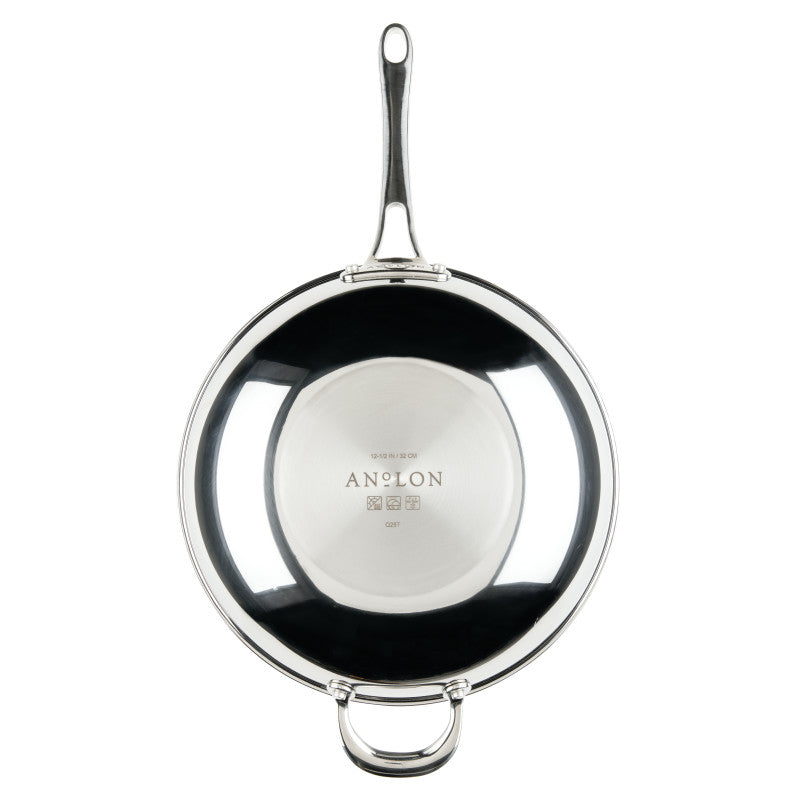 A 12.25-Inch Stir Fry with Helper Handle from EverLast Tri-Ply Clad Stainless Steel, viewed from above with a long top handle and a short bottom loop; the brand engraved in the cookware’s center—ideal for any home chef.