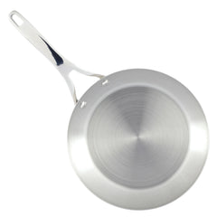 A gleaming stainless steel frying pan with an extended handle, ideal for gourmet cooking enthusiasts, as seen from an overhead view. This piece of cookware boasts a smooth, circular surface with a sleek, polished finish. Suitable for induction cooking and perfect for those who value premium quality stainless steel products from the Nouvelle Stainless 12-Piece Cookware Set.