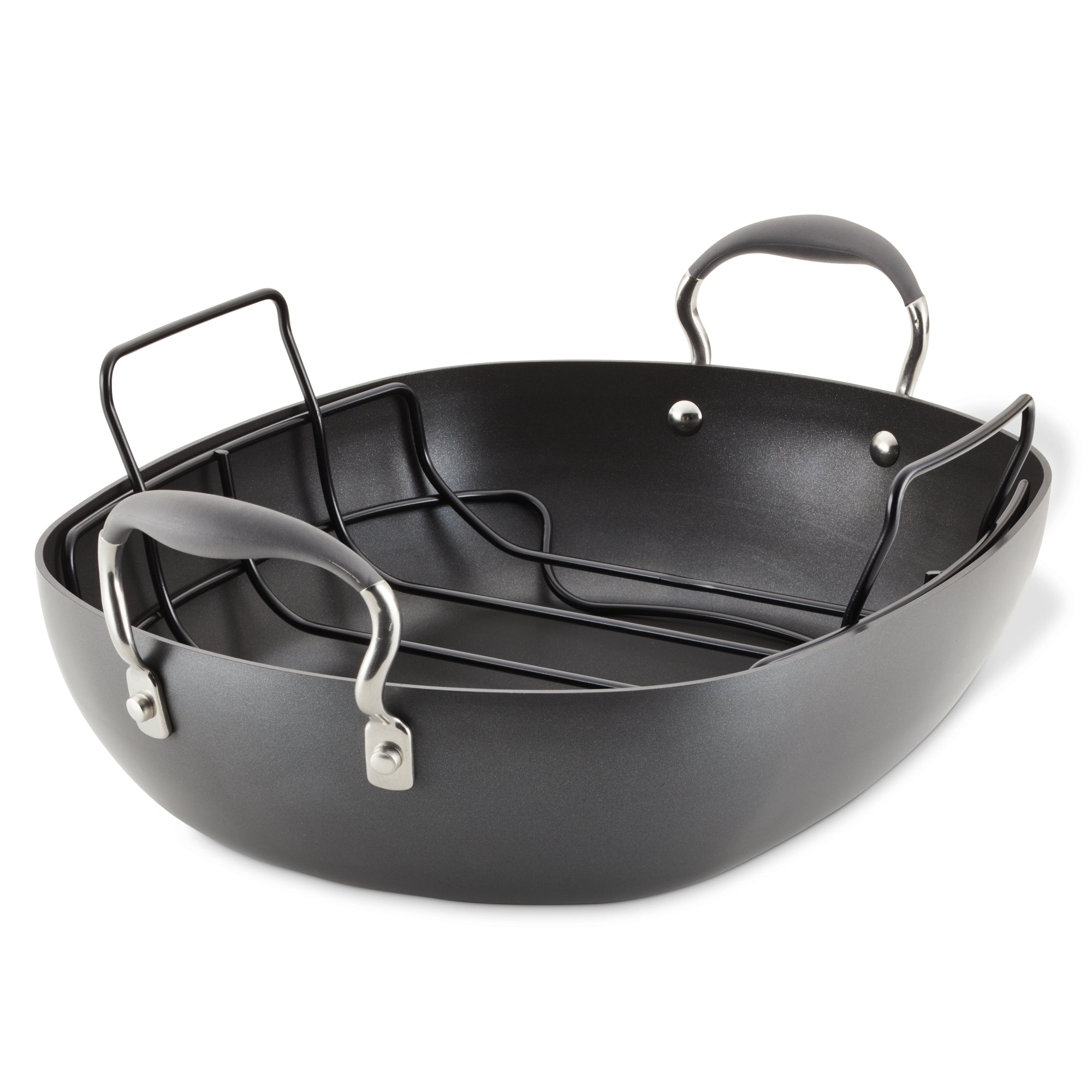 The 16-Inch x 13-Inch Hard Anodized Nonstick Roaster with Rack from Advanced showcases a stylish black non-stick surface complemented by two robust stainless steel handles. Inside, it includes a removable black rack with elevated sections for effortless lifting and versatile roasting.
