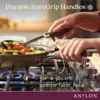 A person is cooking vegetables in a frying pan with Durable SureGrip Handles on a stovetop. The text reads, for a secure & comfortable hold. The kitchen background is softly blurred.