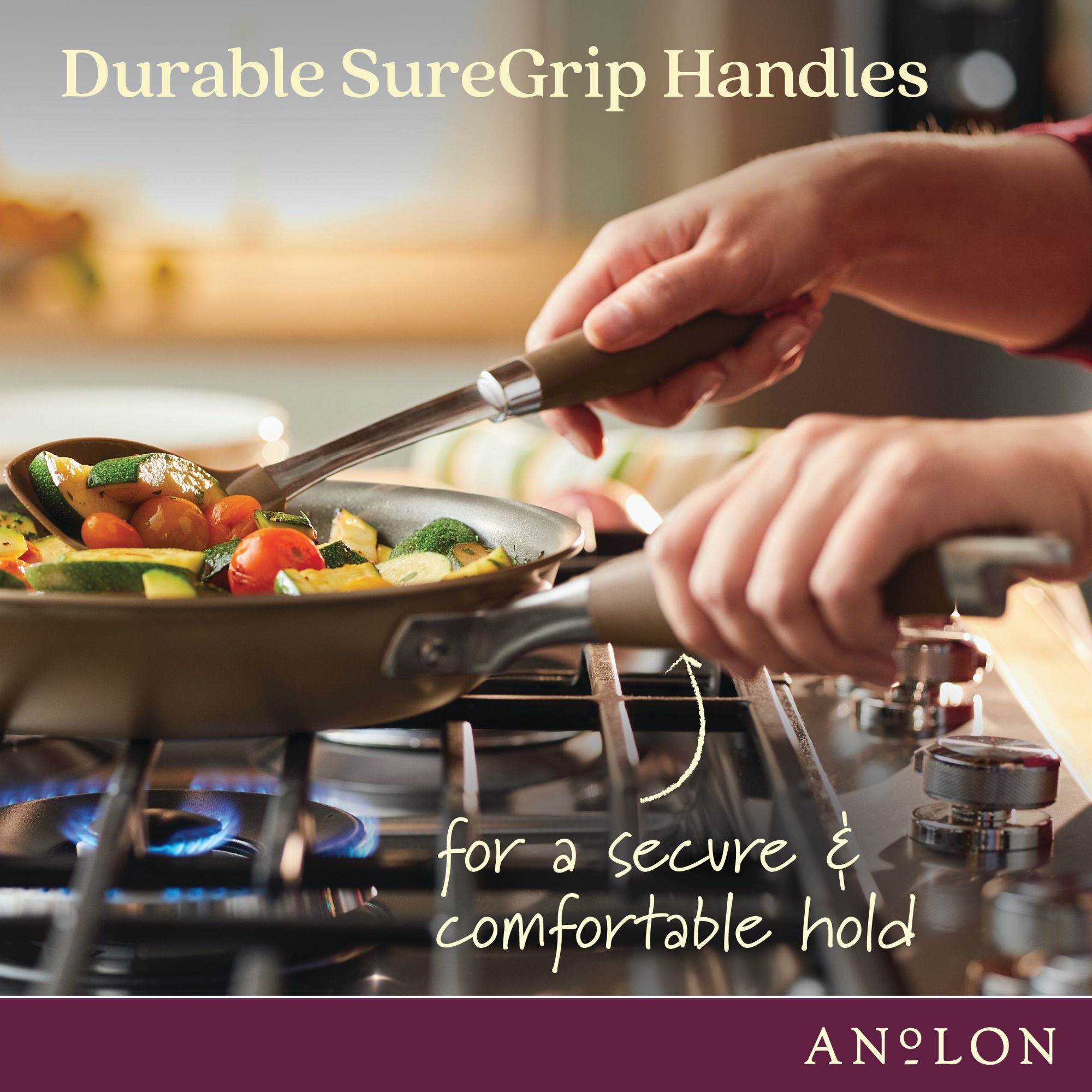 A person is cooking vegetables in a frying pan with Durable SureGrip Handles on a stovetop. The text reads, for a secure & comfortable hold. The kitchen background is softly blurred.