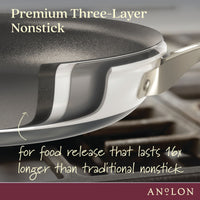 Close-up of a premium three-layer nonstick pan on a stovetop. Text highlights its durability: for food release that lasts 16x longer than traditional nonstick. Brand name Anolon is visible at the bottom.