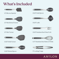 An image showing a set of kitchen utensils including a 12 silicone spatula, mini slotted turner, mini turner, solid turner, slotted spoon, solid spoon, ladle, stainless steel meat fork, balloon whisk, and locking tongs.