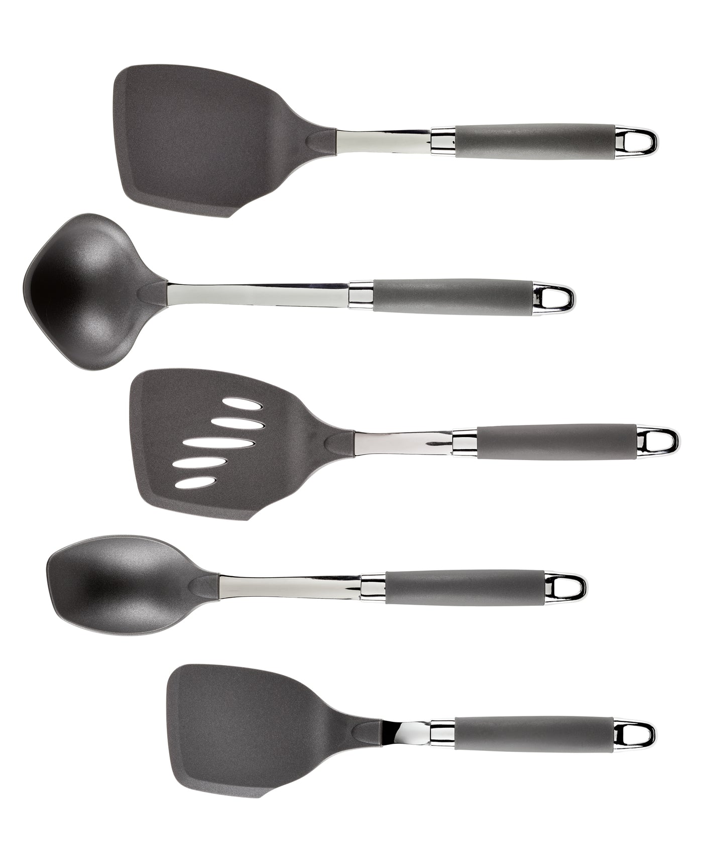 A set of five gray and silver kitchen utensils arranged horizontally. The utensils include two spatulas, a ladle, a slotted turner, and a solid spoon, each with a gray handle and stainless steel accents.