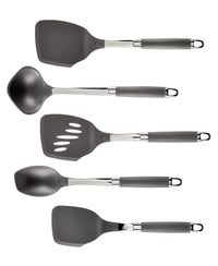 A set of five gray and silver kitchen utensils arranged horizontally. The utensils include two spatulas, a ladle, a slotted turner, and a solid spoon, each with a gray handle and stainless steel accents.