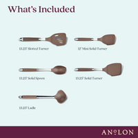 An image shows the SureGrip Utensil Set from Tools and Gadgets against a light background. The set includes five nonstick-suitable utensils: a 13.25-inch slotted turner, 12-inch mini solid turner, 13.25-inch solid spoon, 13.25-inch solid turner, and a 13.25-inch ladle—all crafted from heat-resistant nylon and safe for the dishwasher. 'What's Included' is noted above with the Anolon logo at the bottom.
