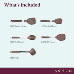 An image shows the SureGrip Utensil Set from Tools and Gadgets against a light background. The set includes five nonstick-suitable utensils: a 13.25-inch slotted turner, 12-inch mini solid turner, 13.25-inch solid spoon, 13.25-inch solid turner, and a 13.25-inch ladle—all crafted from heat-resistant nylon and safe for the dishwasher. 'What's Included' is noted above with the Anolon logo at the bottom.
