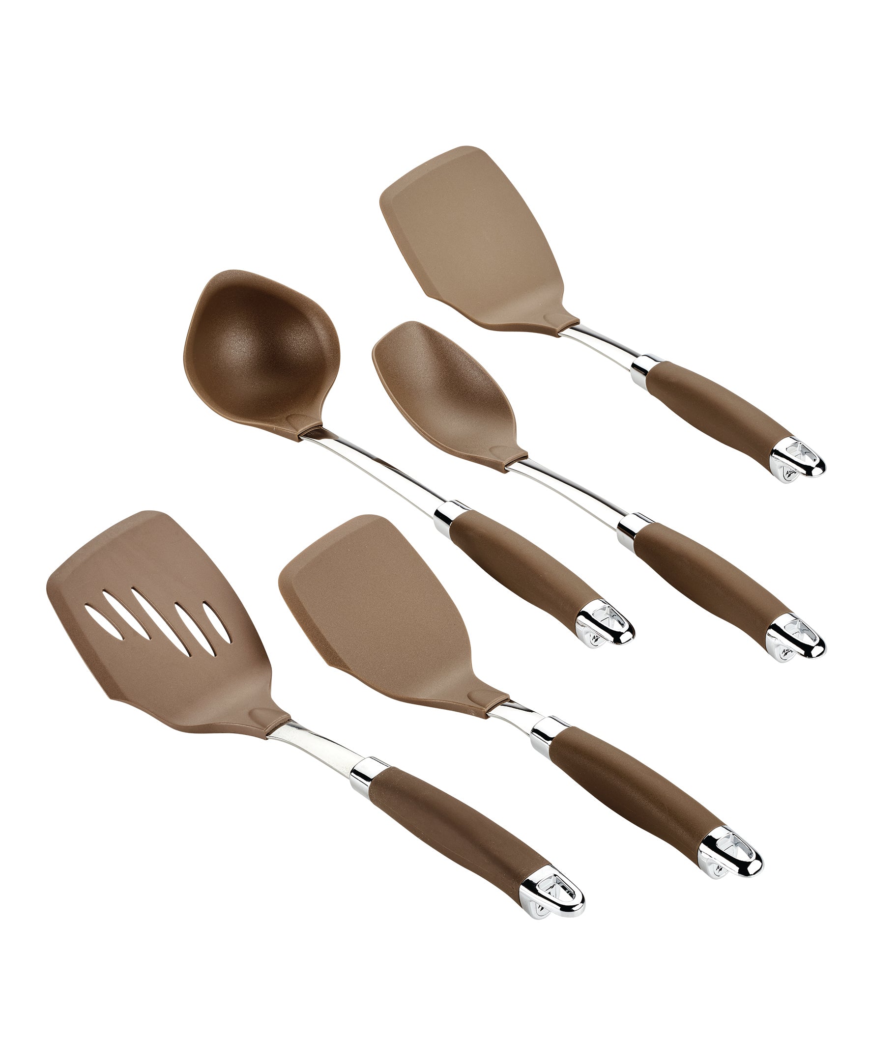 The SureGrip Utensil Set by Tools and Gadgets features five heat-resistant nylon kitchen utensils with silver accents, including a slotted spatula, solid spatula, spoon, ladle, and angled spatula. These utensils are suitable for nonstick cookware and are arranged in a fan-like pattern on a white background. They are also conveniently dishwasher safe.