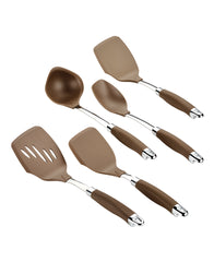 The SureGrip Utensil Set by Tools and Gadgets features five heat-resistant nylon kitchen utensils with silver accents, including a slotted spatula, solid spatula, spoon, ladle, and angled spatula. These utensils are suitable for nonstick cookware and are arranged in a fan-like pattern on a white background. They are also conveniently dishwasher safe.