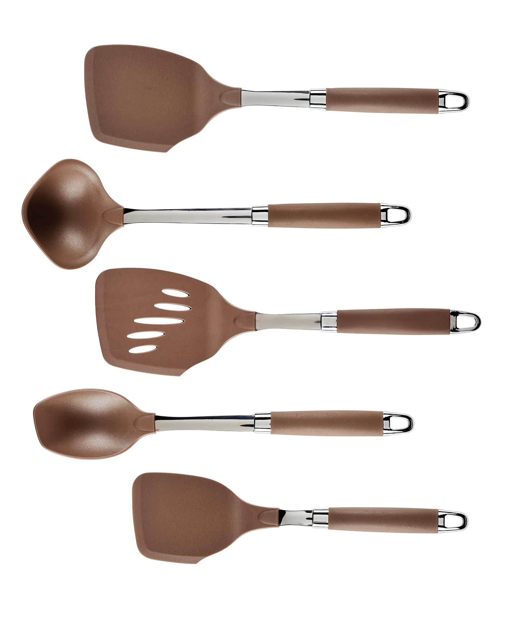 Five brown kitchen utensils with metal handles are arranged vertically: a spatula, ladle, slotted spatula, spoon, and another spatula. Each tool has a loop at the handles end for hanging.
