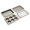 Explore the Advanced 4-Piece Toaster Oven Nonstick Bakeware Set, perfect for any kitchen. This sleek metallic gray collection includes a rectangular baking pan, a muffin tray with six cups for mini-quiches, two flat sheets, and a convenient mesh basket with handles. Ideal for toaster oven bakeware enthusiasts!