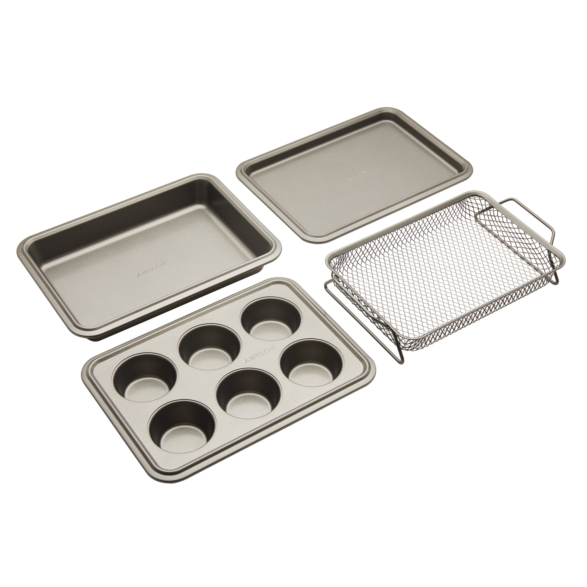 Explore the Advanced 4-Piece Toaster Oven Nonstick Bakeware Set, perfect for any kitchen. This sleek metallic gray collection includes a rectangular baking pan, a muffin tray with six cups for mini-quiches, two flat sheets, and a convenient mesh basket with handles. Ideal for toaster oven bakeware enthusiasts!