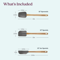 The image presents the Tools and Gadgets 3-Piece Spatula Set, which includes a 12” Spoonula, a 12” Spatula, and a 12” Jar Spatula. Each utensil boasts a teak handle and a silicone head with detailed measurements for the heads.