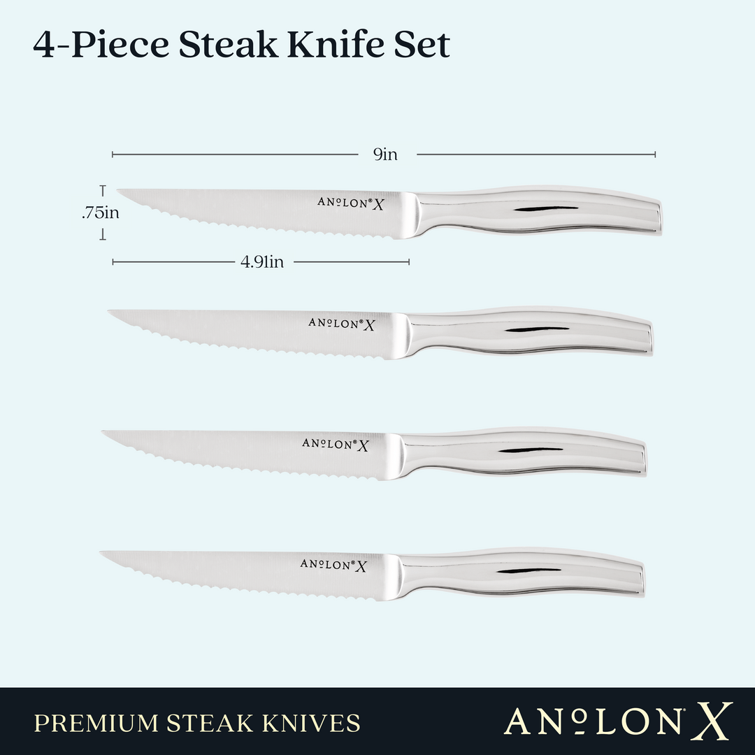 Image of a 4-piece stainless steel steak knife set featuring sleek, polished silver handles and ultra-sharp serrated edges. Each knife measures 9 inches in total length with a handle size of 4.9 inches, showcasing remarkable craftsmanship. The brand name Cutlery is elegantly printed on the blade.