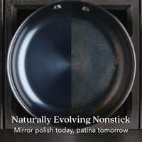 A 10-Inch N2 Carbon Steel Frying Pan by N2 Carbon Steel sits on the stove, half shiny and new, half with a seasoned patina. Text: Naturally Evolving Nonstick. Mirror polish today, patina tomorrow.