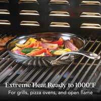 A N₂ Carbon Steel 10-Inch Frying Pan, featuring a nonstick patina and rust resistance, is filled with grilled vegetables on a grill rack inside an oven. Text: Extreme Heat Ready to 1000°F. For grills, pizza ovens, and open flame.
