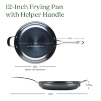 Top and side views of the 12-Inch N₂ Carbon Steel Frying Pan by N₂ Carbon Steel, featuring a 10-inch cooking surface, 8-inch helper handle, and a naturally evolving nonstick surface that improves with use.