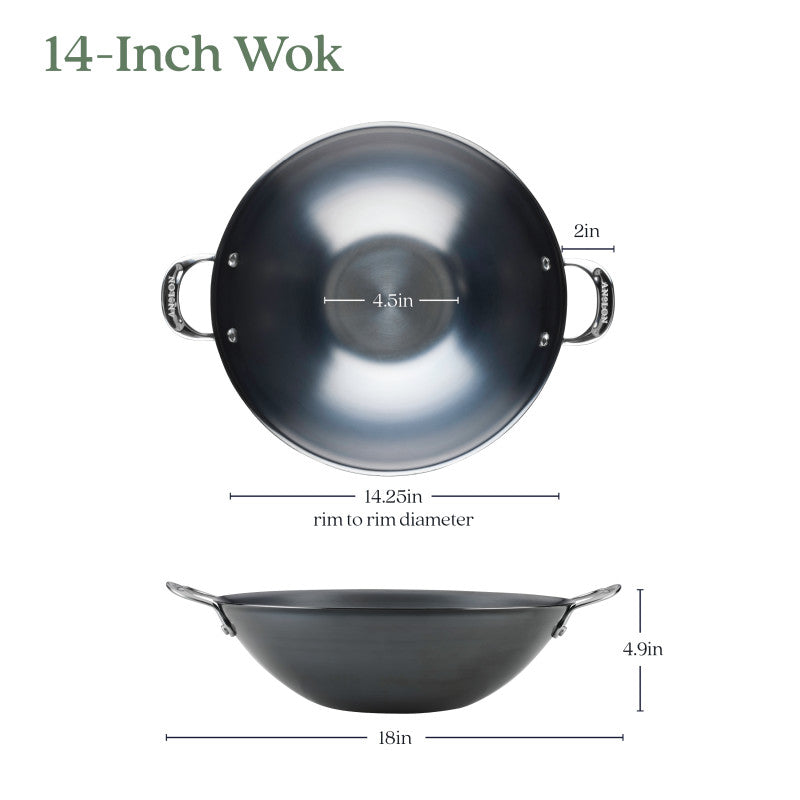 Diagram of the N2 Carbon Steel Wok by N2 Carbon Steel, 14.25-inch diameter, 4.5-inch flat bottom, 18 inches handle to handle, 4.9 inches height, and 2-inch center depth shown in top and side views.