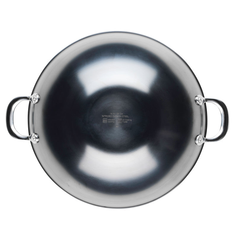 Top view of the N2 Carbon Steel Wok by N2 Carbon Steel, featuring a shiny finish and two metal handles—perfect for fans of carbon steel cookware seeking durable kitchen essentials.