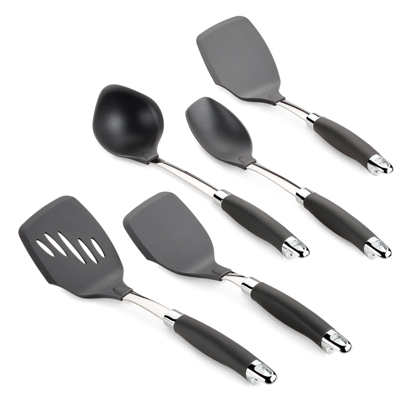 A set of five kitchen utensils with black handles and stainless steel accents, including two solid spatulas, two slotted spatulas, and one curved serving spoon, arranged neatly on a white background.