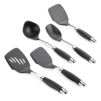 A set of five kitchen utensils with black handles and stainless steel accents, including two solid spatulas, two slotted spatulas, and one curved serving spoon, arranged neatly on a white background.