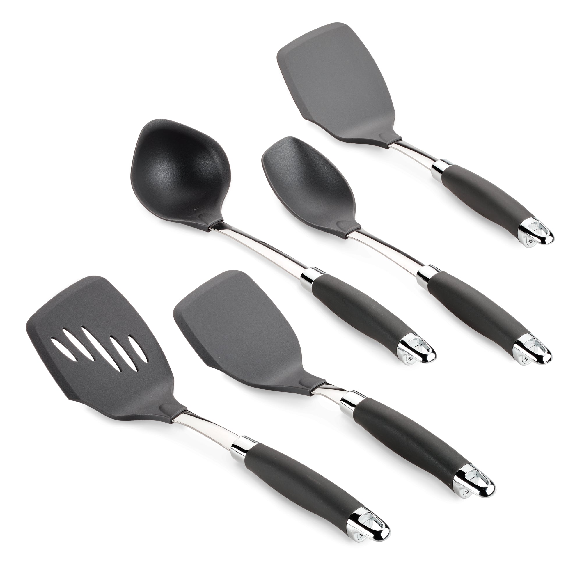 A set of five kitchen utensils with black handles and stainless steel accents, including two solid spatulas, two slotted spatulas, and one curved serving spoon, arranged neatly on a white background.