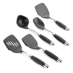 Introducing the SureGrip Utensil Set by Tools and Gadgets: this five-piece collection of black kitchen utensils features sleek stainless steel accents and comfortable black handles, perfect for nonstick cookware. The set includes two slotted spatulas, a solid spatula, a ladle, and a serving spoon—all crafted from heat-resistant nylon for exceptional durability—beautifully displayed against a white background.