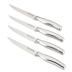 Four steak knives from the Cutlery 4-Piece Stainless Steel Steak Knife Set, each with serrated edges, are neatly arranged in parallel. Their sleek, shiny handles reflect the light, showcasing their craftsmanship. The name Cutlery is engraved on each blade against a plain white background.