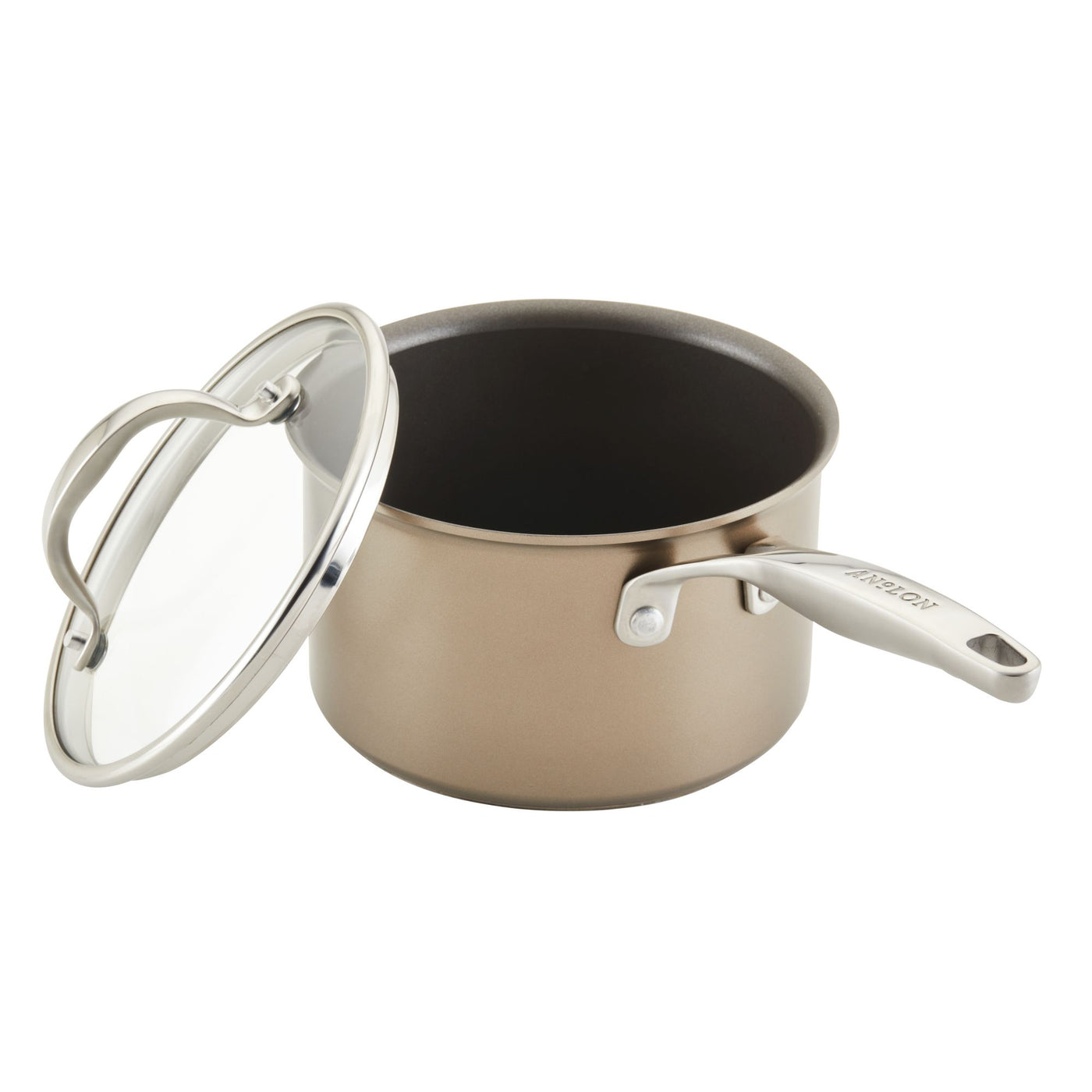 A medium-sized, nonstick saucepan with a glass lid and a stainless steel handle, placed on a white background. The body of the pan is beige, and the handle is engraved with the brand name ANOLON.