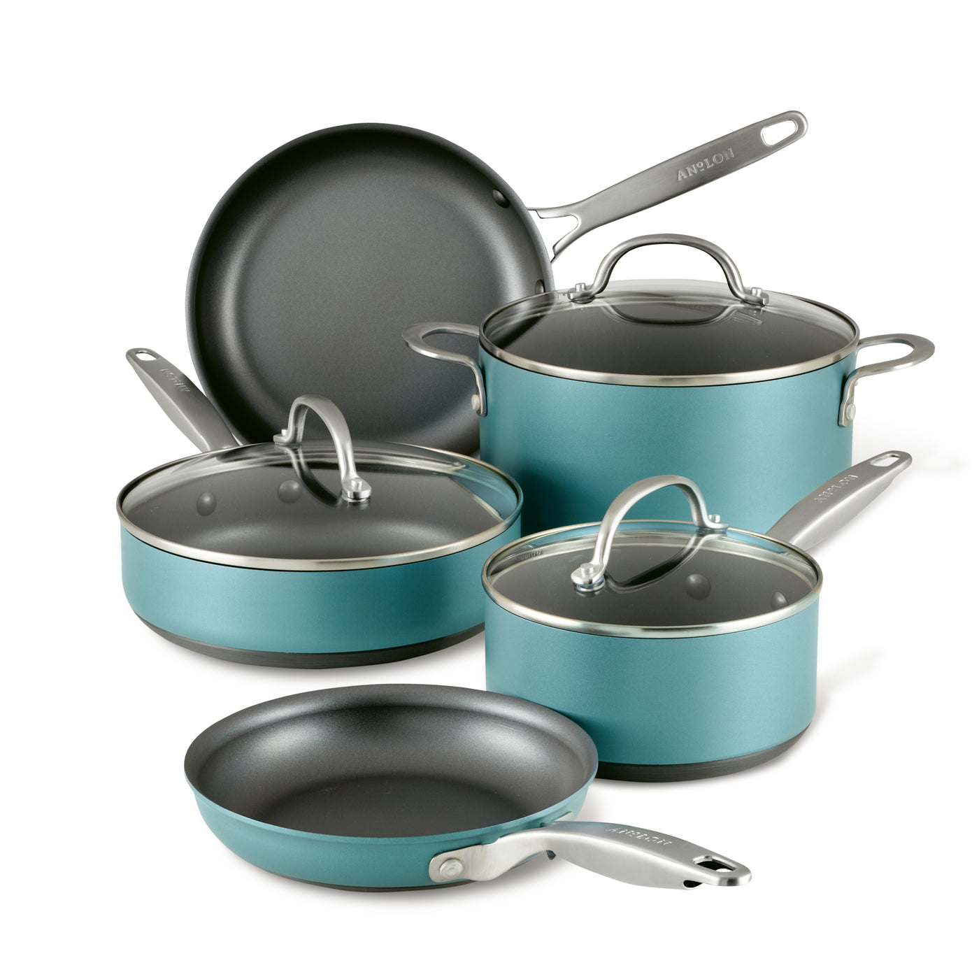 A set of five blue nonstick pots and pans with stainless steel handles. Includes a frying pan, two saucepans with glass lids, a sauté pan with a lid, and a stockpot with a lid.