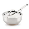 The Nouvelle Stainless 2.5-Quart Saucier with Lid features a long handle and matching lid, shown on a white background. Inspired by professional cookware for style and performance.