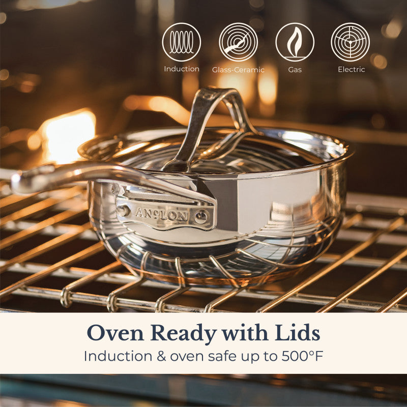 A close-up of the Nouvelle Stainless 2.5-Quart Saucier with Lid, designed for optimum heat control.