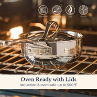 A close-up of the Nouvelle Stainless 2.5-Quart Saucier with Lid, designed for optimum heat control.