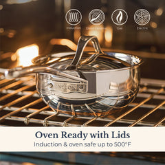 A close-up of the Nouvelle Stainless 2.5-Quart Saucier with Lid, designed for optimum heat control.