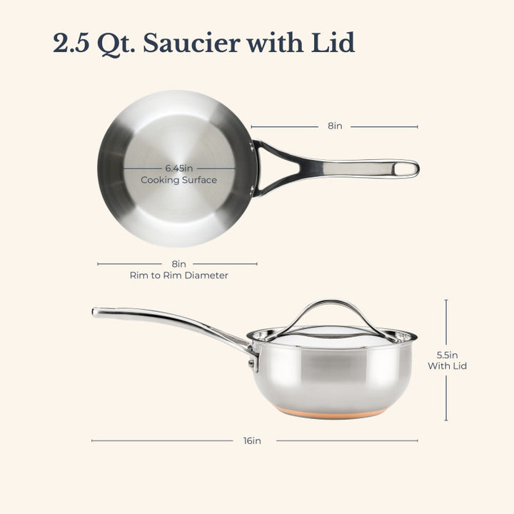 Two views of the Nouvelle Stainless 2.5-Quart Saucier with Lid: top view shows an 8-inch diameter and 6.4-inch cooking surface; side view displays a 16-inch length and a 5.5-inch height including lid.