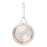 A 2.5-Quart Saucier with Lid from the Nouvelle Stainless line is shown from the bottom, featuring a silver handle, circular copper ring for heat control, and engravings of the brand name and product details in the center.