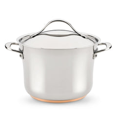 The Nouvelle Stainless 6.5-Quart Stockpot with Lid features two side handles and a copper-colored base—essential cookware for any kitchen, shown isolated on a white background.