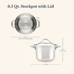 The Nouvelle Stainless 6.5-Quart Stockpot with Lid features sturdy handles, a 7.25-inch cooking surface, 9.75-inch rim, and measures 9 inches high by 12.75 inches wide—premium cookware perfect for any kitchen.