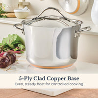 A Nouvelle Stainless 6.5-Quart Stockpot with Lid sits on a white surface next to purple onions and green leafy veggies. Text reads: “5-Ply Clad Copper Base. Even, steady heat for controlled cooking.”.